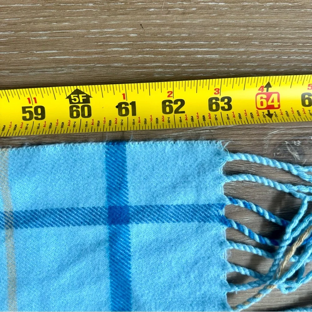 100% Cashmere Mens Scarf Made In Scotland Light Blue Tan Plaid Fringed 63” Lux